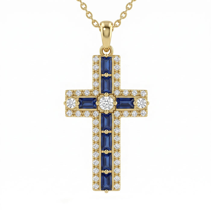 SPECIAL! .97ct G SI 14kt Yellow Gold Blue Sapphire Gemstone Cross Pendant Necklace 16 + 2" Ext