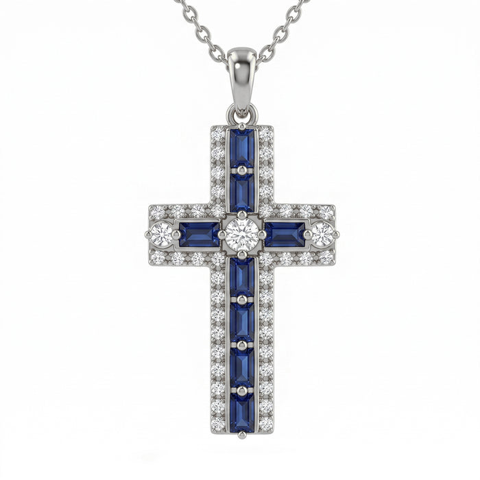 SPECIAL! .98ct G SI 14kt White Gold Blue Sapphire Gemstone Cross Pendant Necklace 16 + 2" Ext