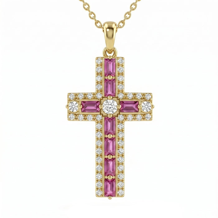 SPECIAL! 1.01ct G SI 14kt Yellow Gold Pink Sapphire Gemstone Cross Pendant Necklace 16 + 2" Ext