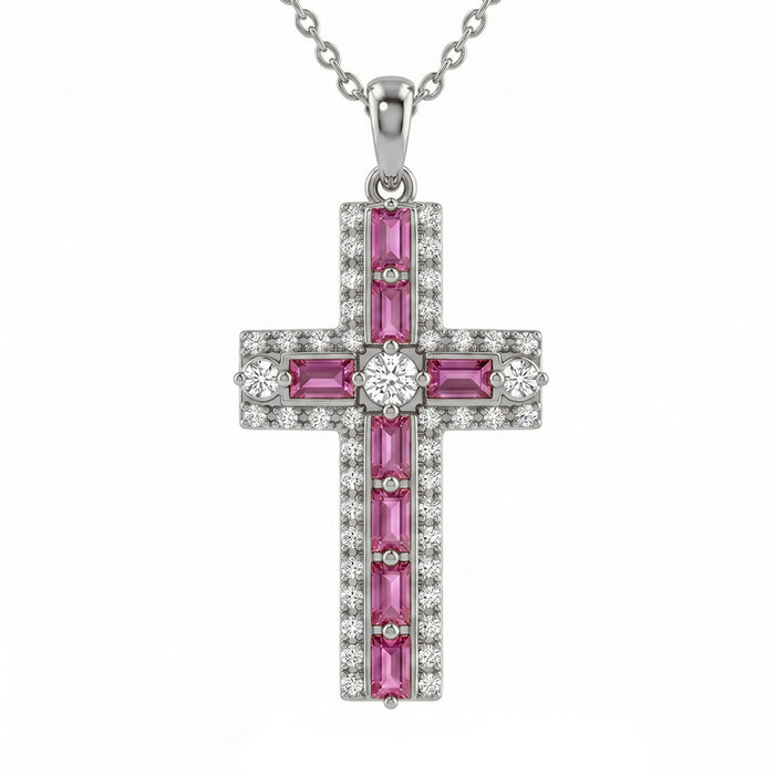SPECIAL! 1.05ct G SI 14kt White Gold Pink Sapphire Gemstone Cross Pendant Necklace 16 + 2" Ext