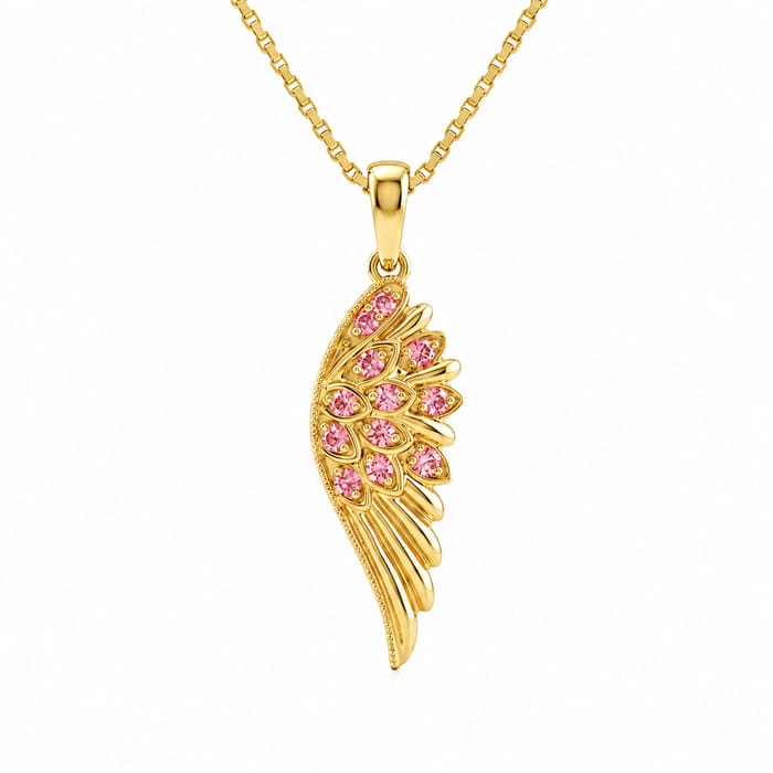 SPECIAL! .11ct G SI 14kt Yellow Gold Pink Sapphire Angel Wing Gemstone Pendant Necklace 18" Long