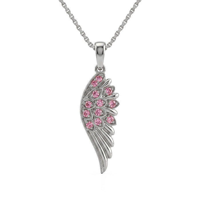SPECIAL! .11ct G SI 14kt White Gold Pink Sapphire Angel Wing Gemstone Pendant Necklace 18" Long