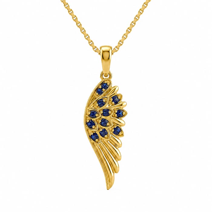 SPECIAL! .11ct G SI 14kt White Gold Blue Sapphire Angel Wing Gemstone Pendant Necklace 18" Long