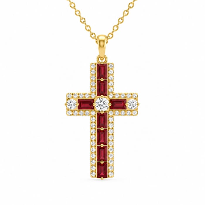 SPECIAL! 1.18ct G SI 14kt Yellow Gold Diamond & Ruby Gemstone Cross Pendant Necklace 18" Long