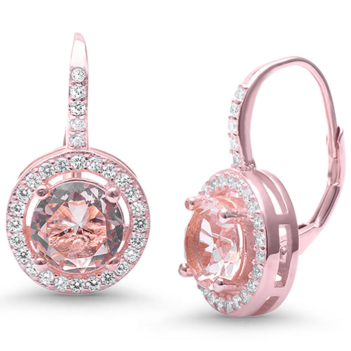 CLOSEOUT! Morganite Round Halo CZ .925 Sterling Silver Drop Dangle Earrings