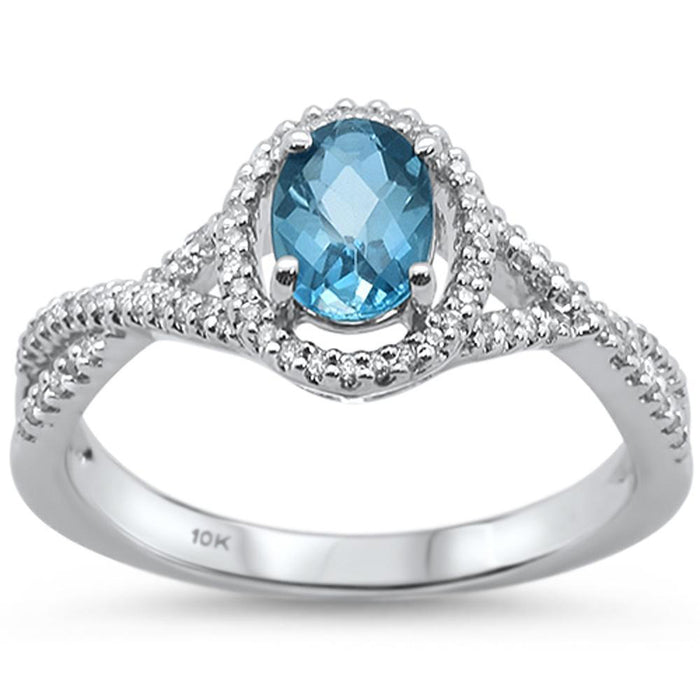 GEMSTONE CLOSEOUT ! 0.97cts 10k White gold Oval Blue Topaz & Diamond Ring Size 6.5