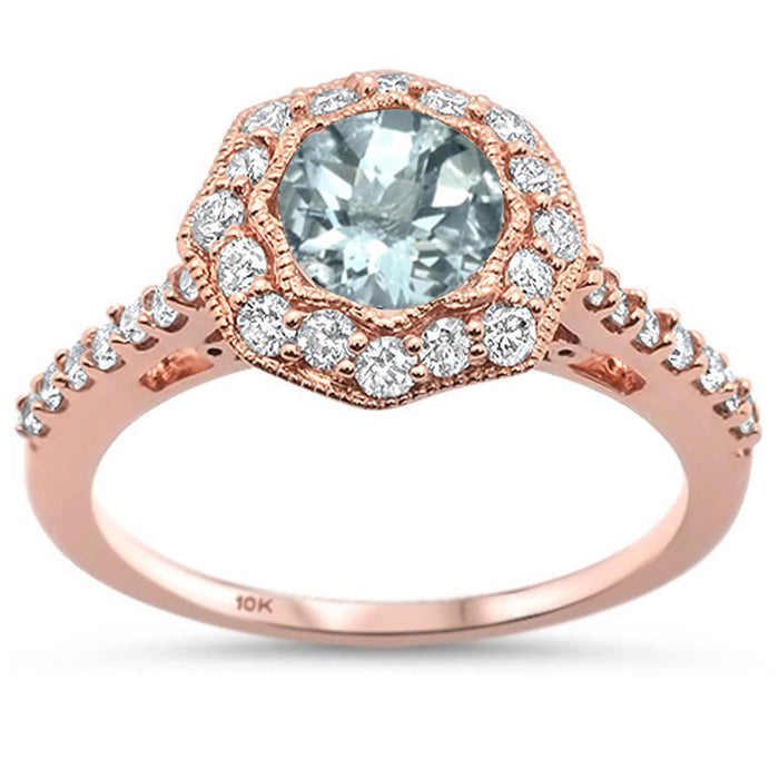 DIAMOND CLOSEOUT! 1.38ct F SI 10k Rose Gold Natural Round Aquamarine & Diamond Ring Size 6.5