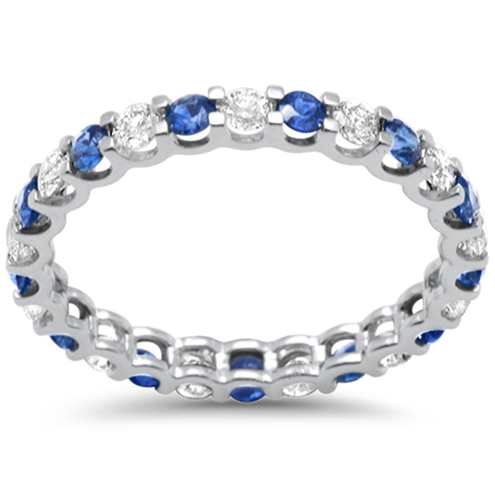 SPECIAL! 1.50ct G SI 14K White Gold Diamond Blue Sapphire Eternity Band Ring Size 7