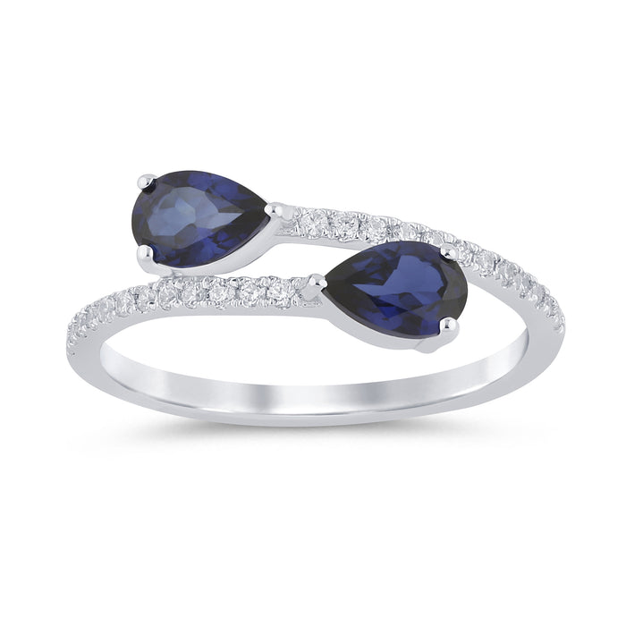 SPECIAL! 1.11ct G SI 14K White Gold Diamond & Pear Shape Blue Sapphire Gemstones Band Ring Size 6.5