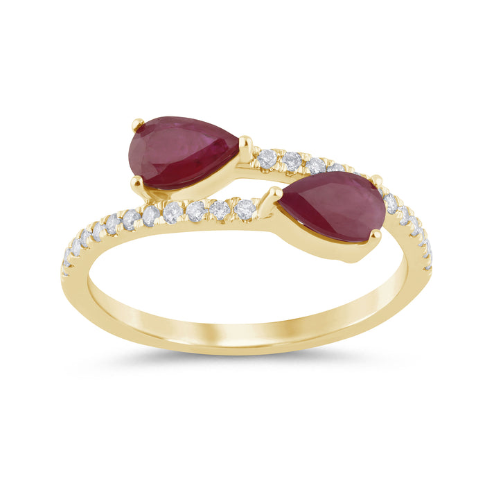 SPECIAL! 1.02ct G SI 14K Yellow Gold Diamond & Pear Shape Ruby Gemstones Band Ring Size 6.5