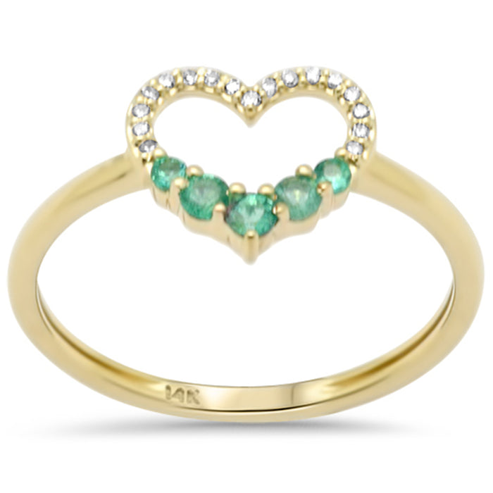 .20ct G SI 14K Yellow Gold Diamond Heart Shape Diamond & Emerald Gemstones Band Ring Size 6.5