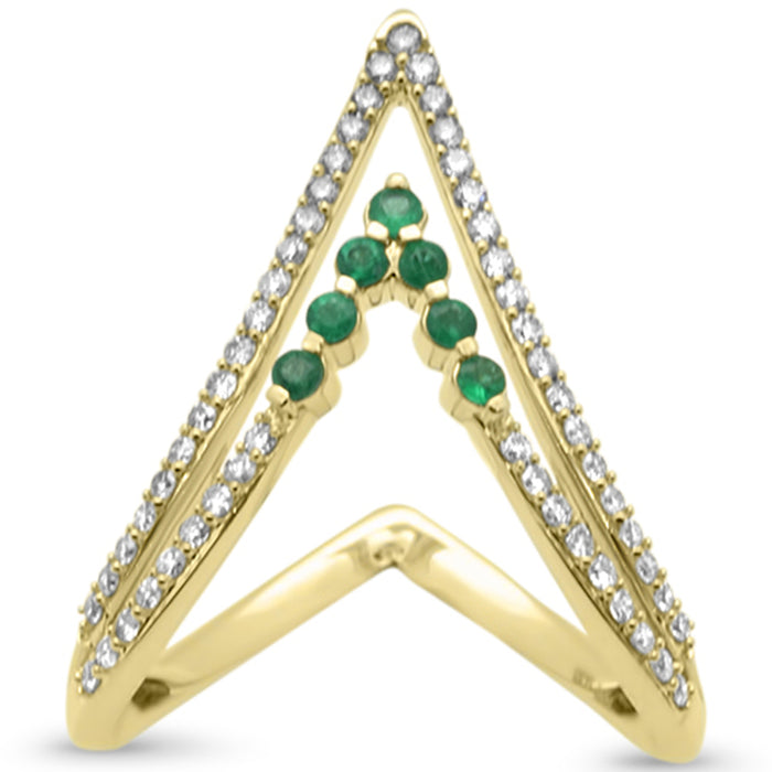 DIAMOND CLOSEOUT! .46ct G SI 14K Yellow Gold Diamond & Emerald "V" Shaped Gemstone Band Ring Size 6.5