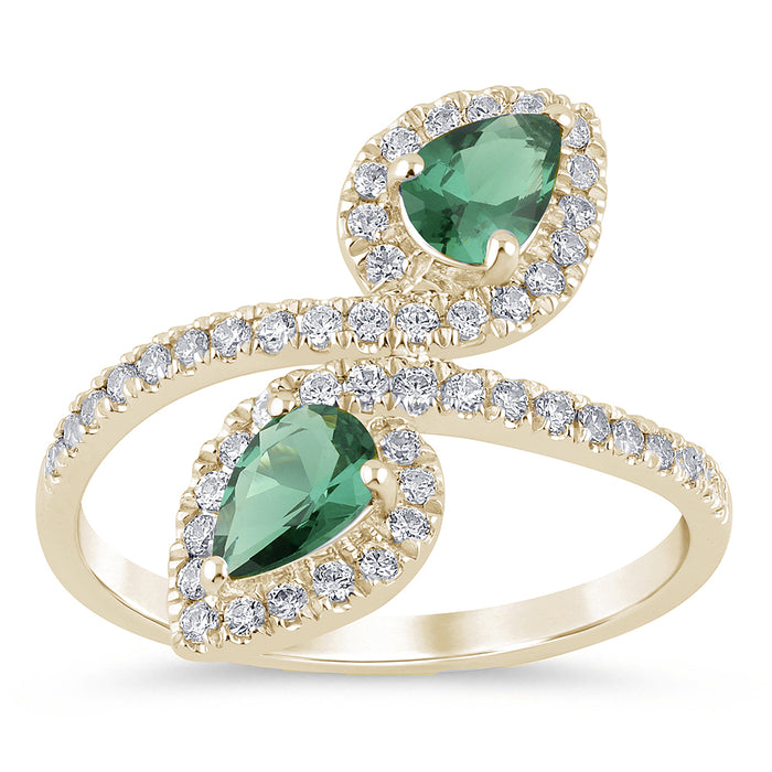 SPECIAL!1.13ct G SI 14K Yellow Gold Diamond & Pear Shape Emerald Gemstones Wrap Around Ring Size 6.5