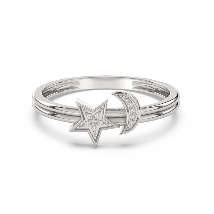 .03ct G SI 14K White Gold Diamond Half Moon & Star Band Ring Size 6.5