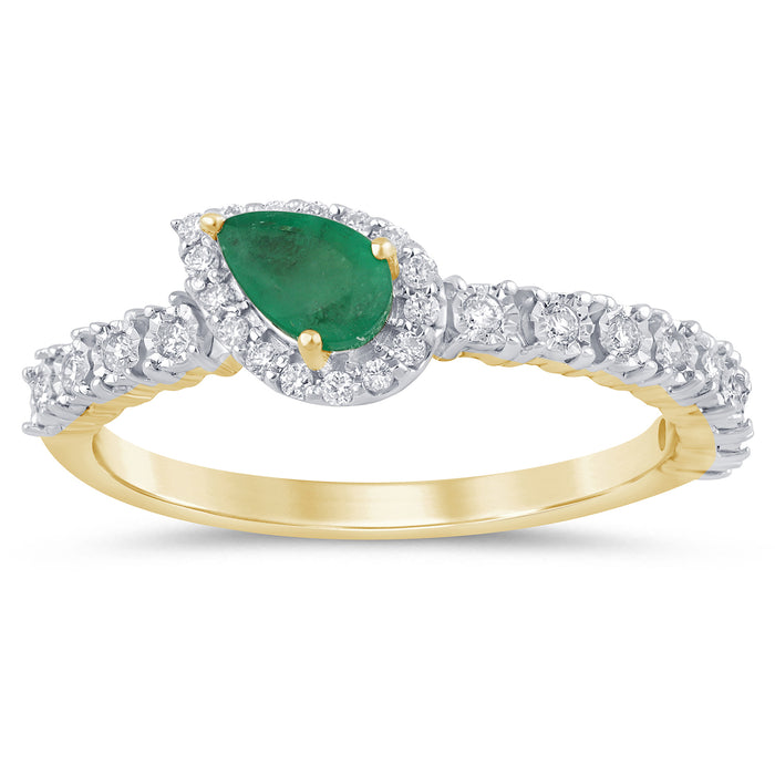 SPECIAL!.50ct G SI 14K Yellow Gold Pear Shape Diamond & Emerald Gemstone Ring Size 6.5