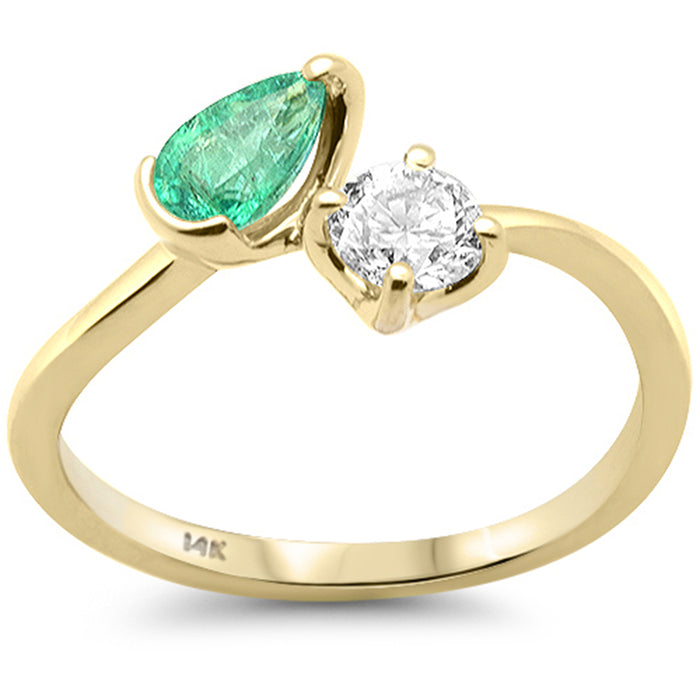 SPECIAL! .63ct G SI 14K Yellow Gold Pear Shape Diamond & Natural Emerald Gemstone Ring Size 6.5