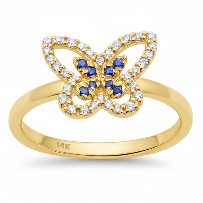 SPECIAL! .22ct G SI 14K Yellow Gold Round Diamond & Blue Sapphire Gemstone Butterfly Ring Size 6.5