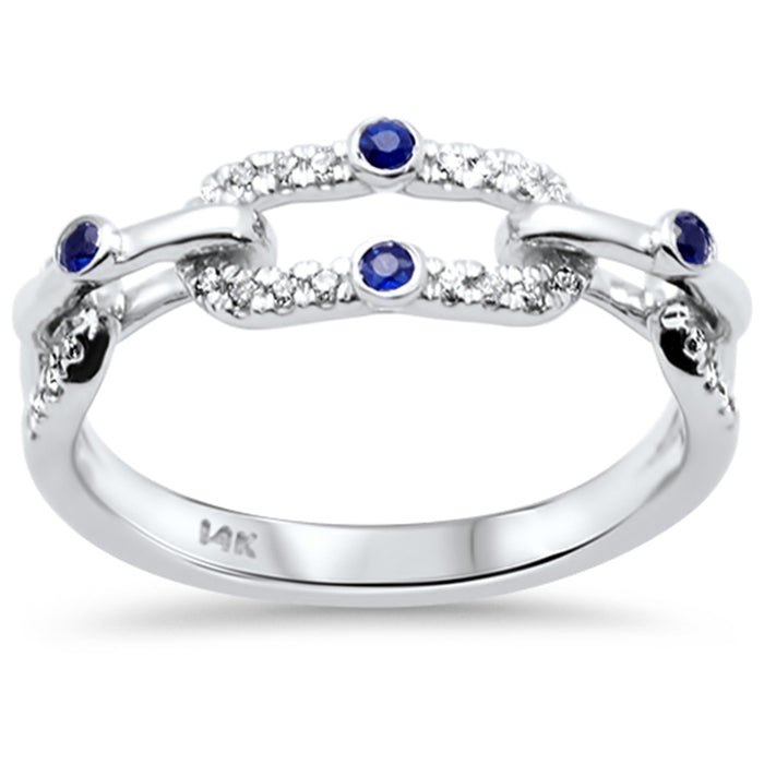 SPECIAL!.21ct G SI 14K White Gold Link Chain Design Diamond & Blue Sapphire Gemstone Band Ring Size 6.5