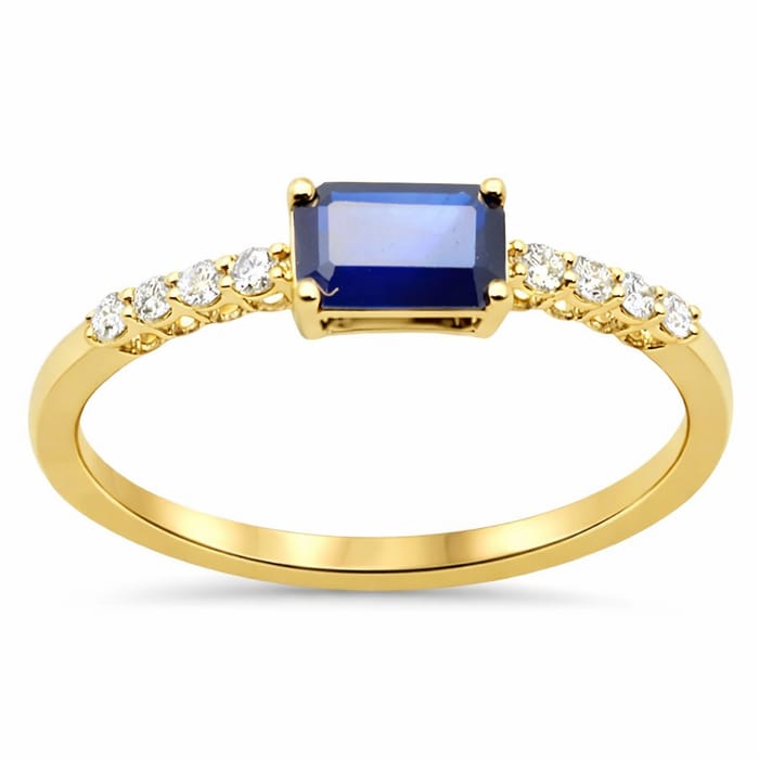 SPECIAL! .71ct G SI 14K Yellow Gold Diamond & Emerald Cut Blue Sapphire Gemstone Ring Size 6.5