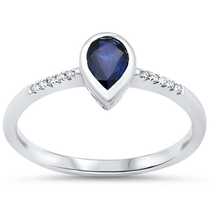 SPECIAL!.46ct G SI 14KT White Gold Diamond & Pear Shape Blue Sapphire Gemstone Ring Size 6.5