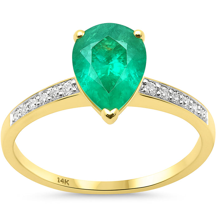 SPECIAL! 1.70ct G SI 14K Yellow Gold Diamond & Pear Shape Emerald Gemstone Ring Size 6.5