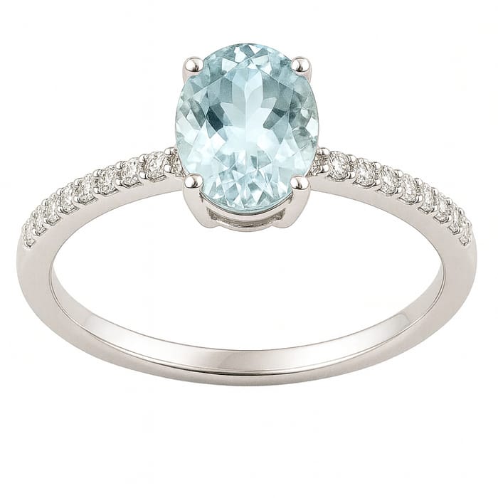 .96ct G SI 14K White Gold Oval Aquamarine Gemstone & Diamond Ring Size 6.5