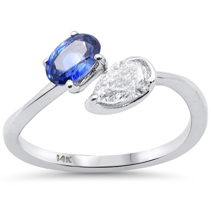 SPECIAL! 1.06ct G SI 14K White Gold Oval Blue Sapphire & Pear Shape Diamond Toi et Moi Ring Size 6.5