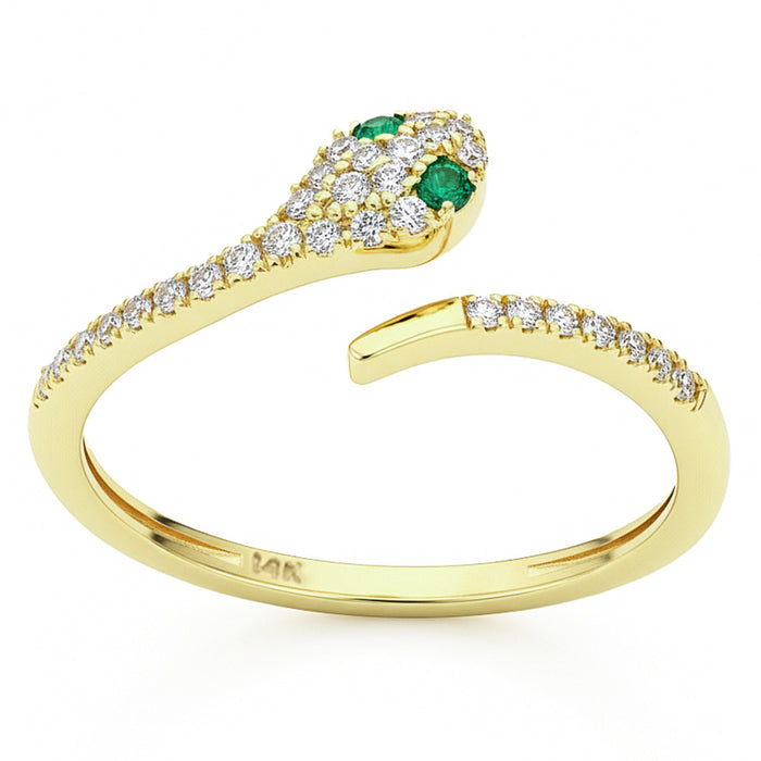 SPECIAL! .20ct G SI 14kt Yellow Gold Diamond & Emerald Gemstone Snake Ring Size 6.5