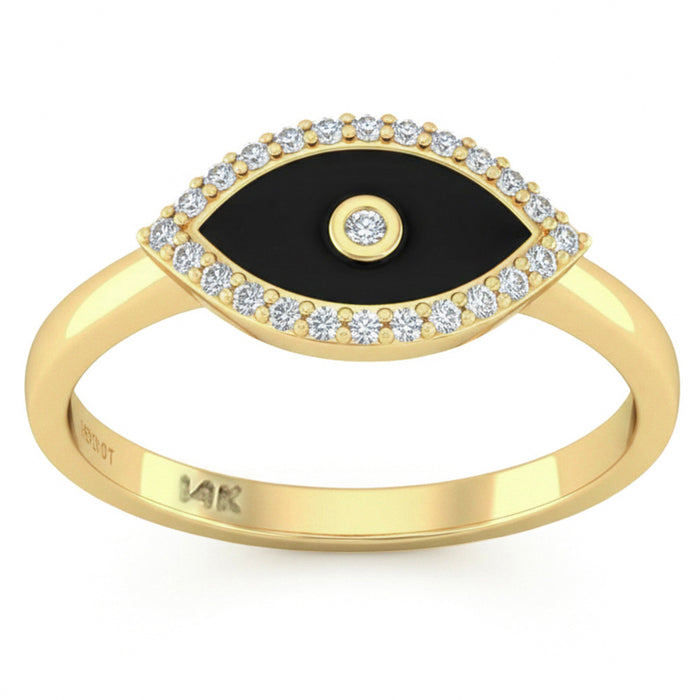 SPECIAL! .13ct G SI 14kt Yellow Gold Diamond & Black Onyx Enamel Inlay Evil Eye Ring Size 6.5