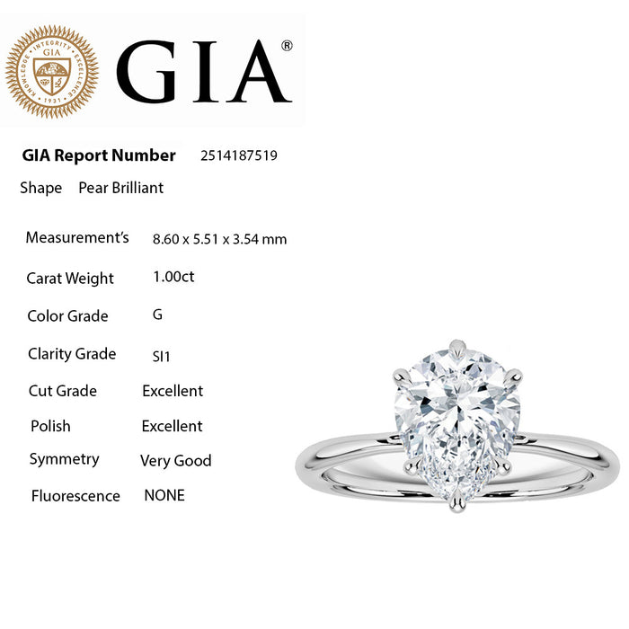 SPECIAL! 1.00ct G-SI1 GIA CERTIFIED 14K White Gold Pear Shape Diamond Solitaire Ladies Ring 6.5