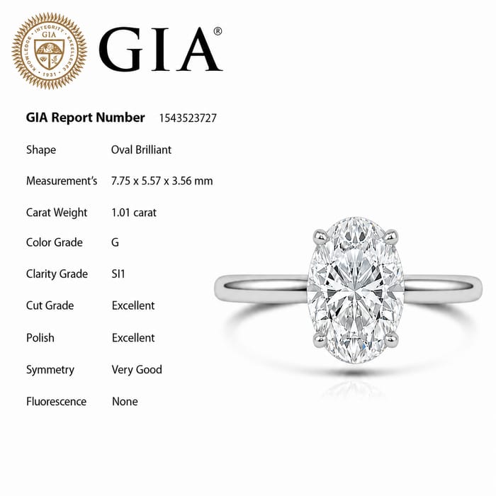 SPECIAL! 1.01ct G-SI1 GIA CERTIFIED 14K White Gold Oval Cut Diamond Solitaire Engagement Ring 6.5