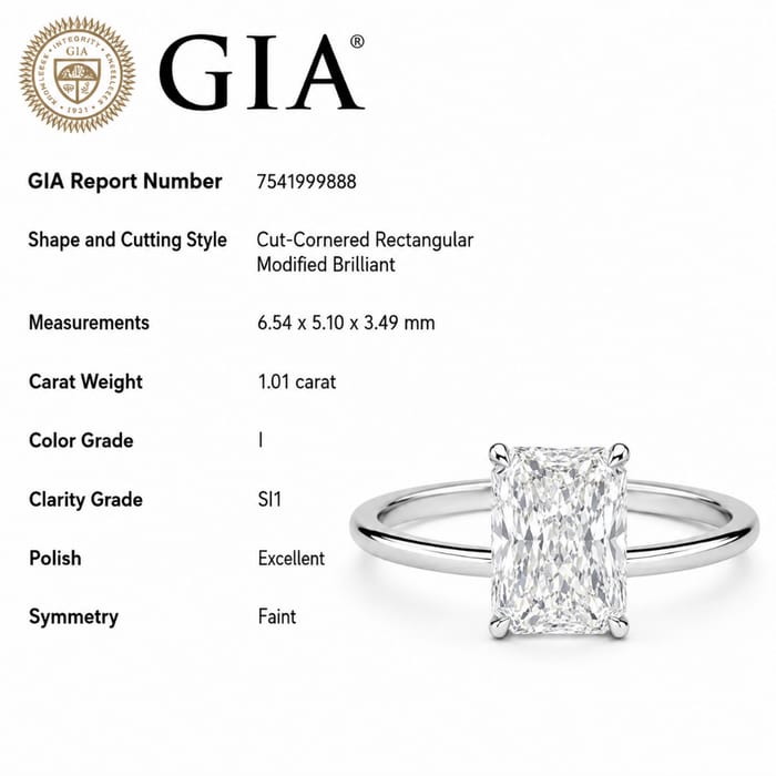 SPECIAL! 1.01ct I-SI1 GIA CERTIFIED 14K White Gold Radiant Cut Diamond Solitaire Ring Band Size 6