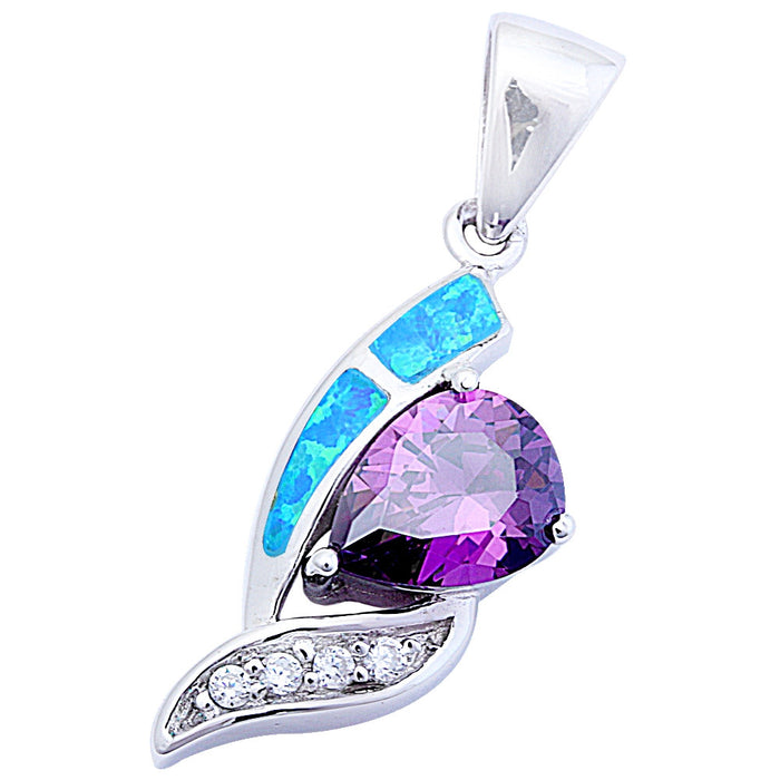 CLOSEOUT! Blue Opal, Amethyst, & Cz .925 Sterling Silver Pendant 1.5" long