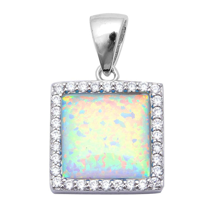 CLOSEOUT! Square White Fire Opal & Cubic Zirconia .925 Sterling Silver Pendant