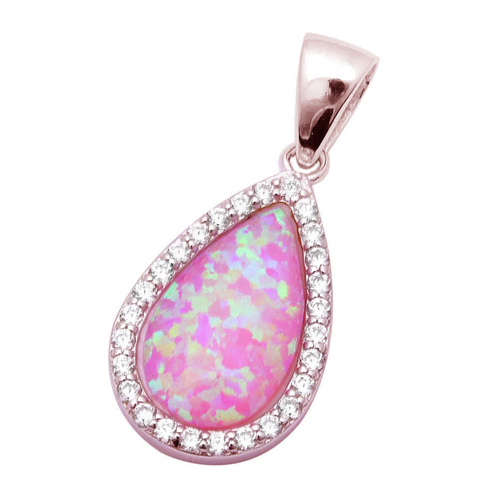 CLOSEOUT! Rose Gold Plated Pear Shape Pink Opal & Cubic Zirconia .925 Sterling Silver Pendant