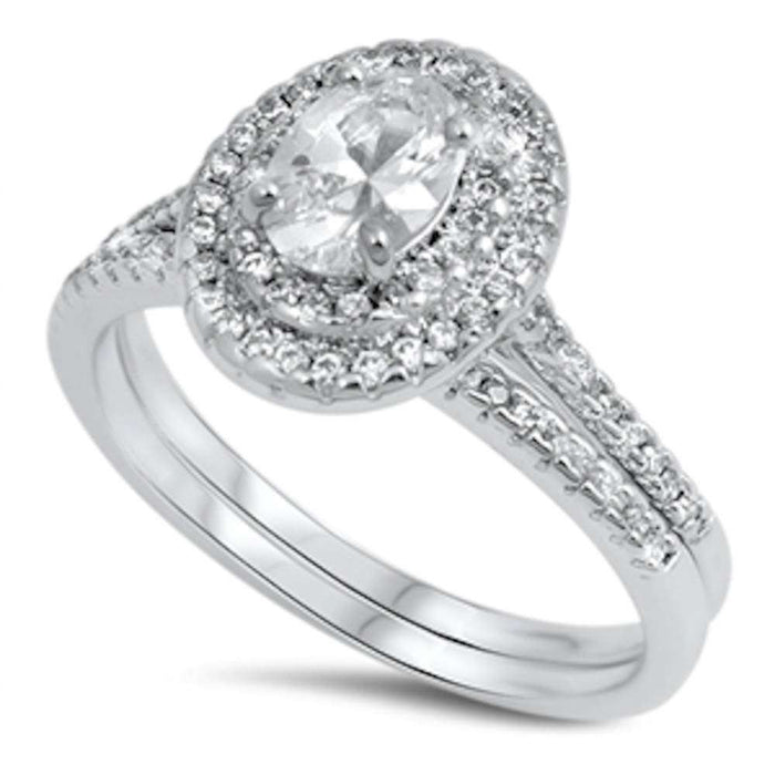 CLOSEOUT! Oval Halo Cz Wedding Set .925 Sterling Silver Ring Sizes 5-7,9,10