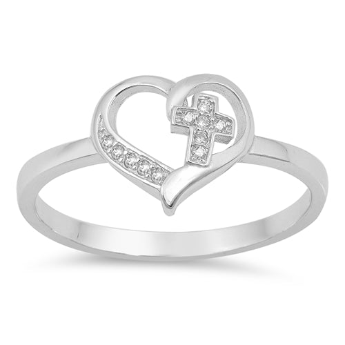CLOSEOUT! Simple Cross Heart CZ Promise Purity .925 Sterling Silver Ring