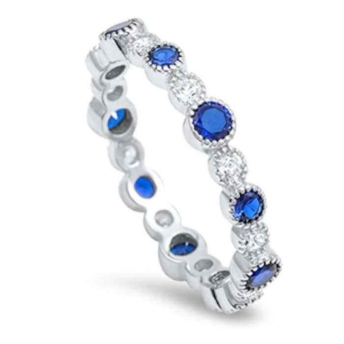CLOSEOUT! Round Blue Sapphire & Cz Eternity Band .925 Sterling Silver Ring Sizes 4-10