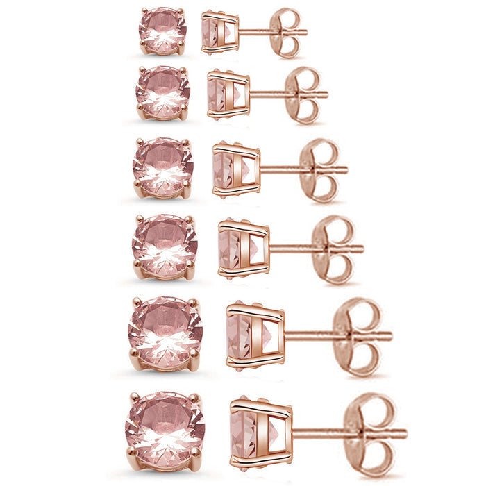 Rose Gold Plated Round Morganite Casting Stud Earrings Push Back .925 Sterling Silver Earrings 3MM-8MM