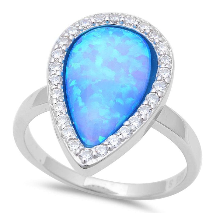 CLOSEOUT!Pear Shape Blue Fire Opal & Cubic Zirconia .925 Sterling Silver Ring