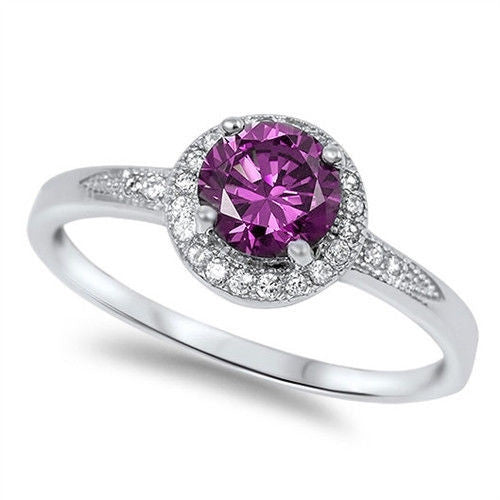 Halo Amethyst & Cz Fashion .925 Sterling Silver Ring Sizes 4-11