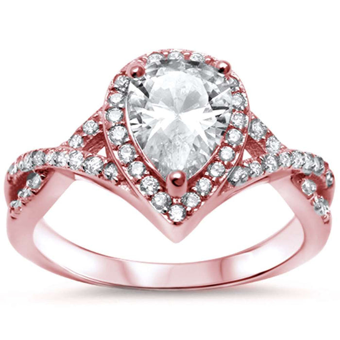 CLOSEOUT! Rose Plated Pear CZ Solitaire Engagement .925 Sterling Silver Ring Sizes 5-10
