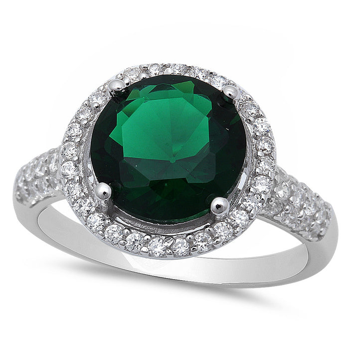 CLOSEOUT! Sterling Silver Halo Emerald Ring with Cubic Zirconias Ring