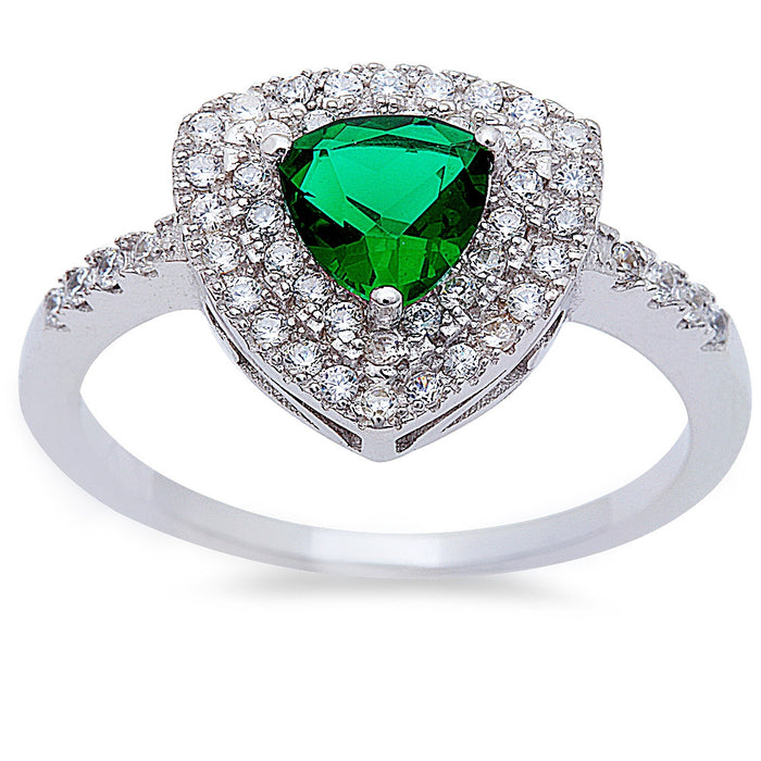 CLOSEOUT!Trillion Shape Green Emerald & Cz Fashion .925 Sterling Silver Ring