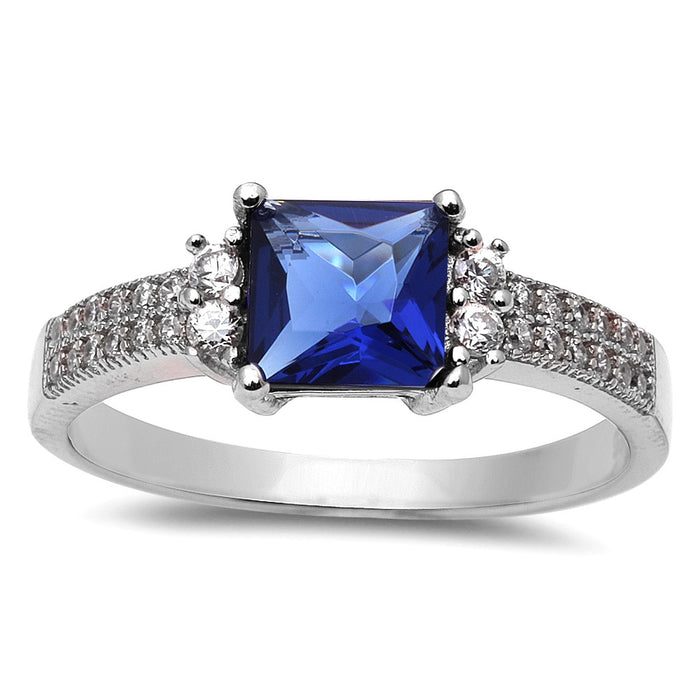 CLOSEOUT!Princess Cut Blue Sapphire & Cz .925 Sterling Silver Ring