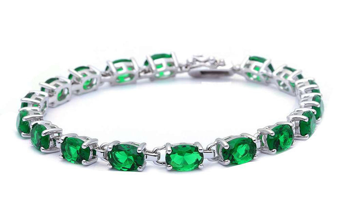 13.5CT Oval Cut Green Emerald .925 Sterling Silver Bracelet