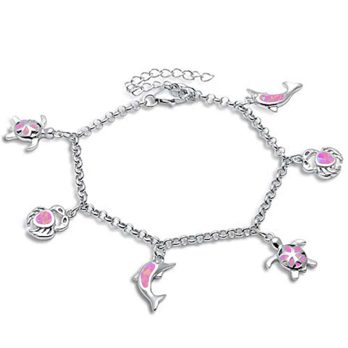 CLOSEOUT! Pink Opal Turtle, Crab & Dolphin .925 Sterling Silver Bracelet