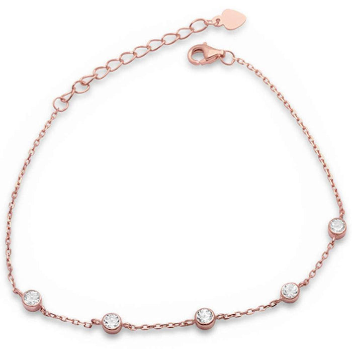 Rose Gold Plated 5 Bezel Set Cubic Zirconia .925 Sterling Silver Bracelet