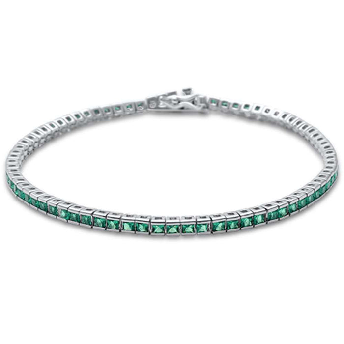 2.5MM Square Bezel Emerald .925 Sterling Silver Tennis Bracelet 7.5"