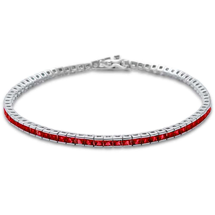 2.5MM Square Bezel Garnet .925 Sterling Silver Tennis Bracelet 7.5"